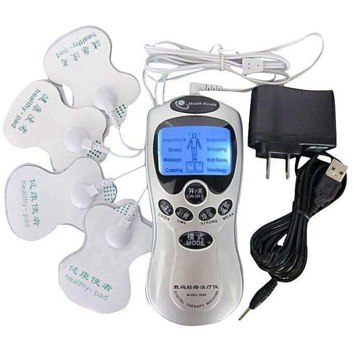 Picture of 8 In 1 Digital Therapy Machine  Electric Muscle Stimulator Device With Acupuncture & Vibration  Pain Relief Pulse Massager, 4 Pads With Palm Device, Battery & Electric Operated