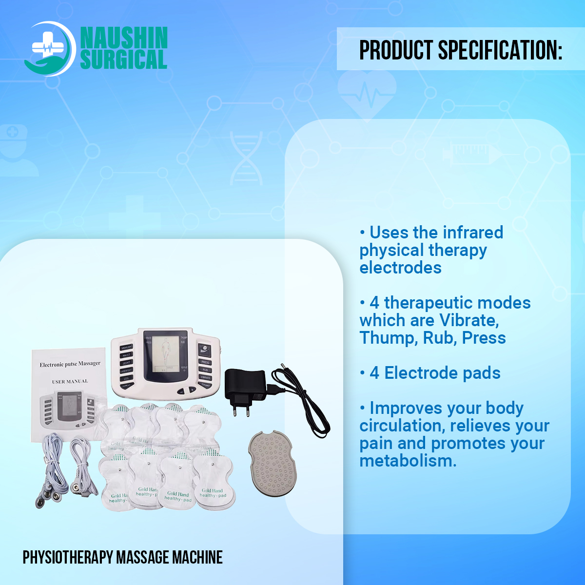 Picture of Physiotherapy Massage Machine with 4 Pads Body Pain Relief Therapy Stroke Machine