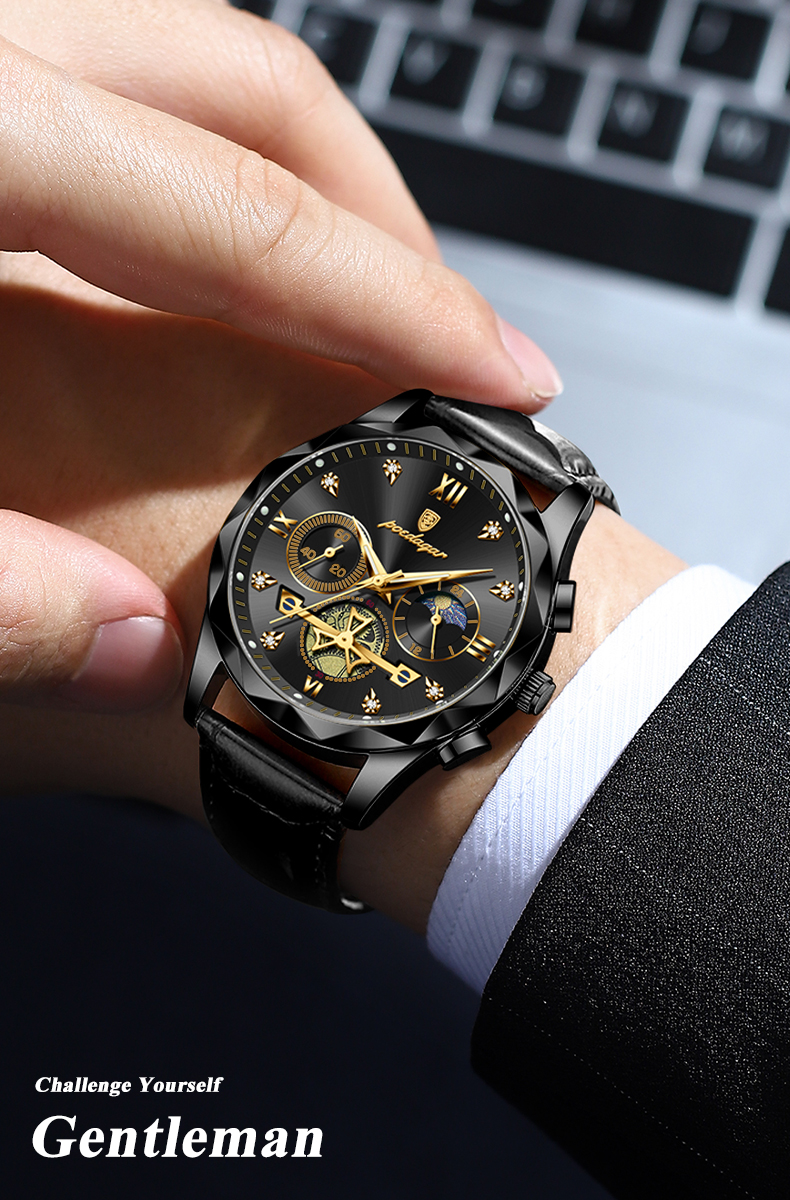 Picture of PU Leather Analog Watch for Men  Black & Silver Poedagar 996 Leather Analog Watch for Men - Watch For Men - Watch - ঘড়ি