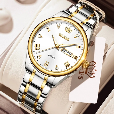 Picture of "Ole-vs 5563 Silver & Golden Two Tone Stainless Steel Analog Wrist Watch For Men - White & Silver & Golden "