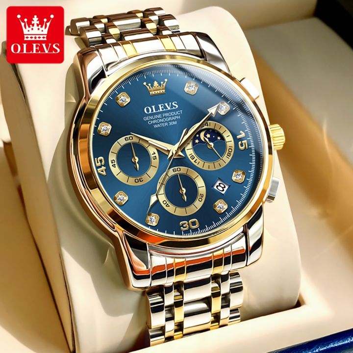Picture of OLE_VS 2889 Men's Watch Waterproof Diamond set Dial Chronograph Luminous Calendar Stainless Steel Strap with Gift Box