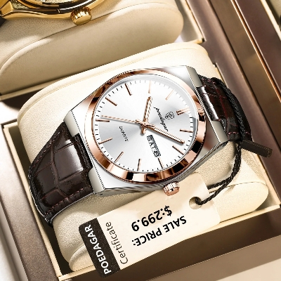 Picture of POEDAGAR 930L Men's Leather Quartz Watch - Water Resistant Business Luxury Fashion Wristwatch - Watch For Men - Watch