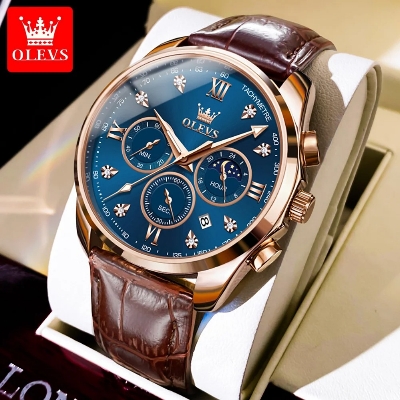 Picture of New Olevs 2888L Top Quality Brown PU Leather Fashionable Wrist Watch For Men - Black & Brown