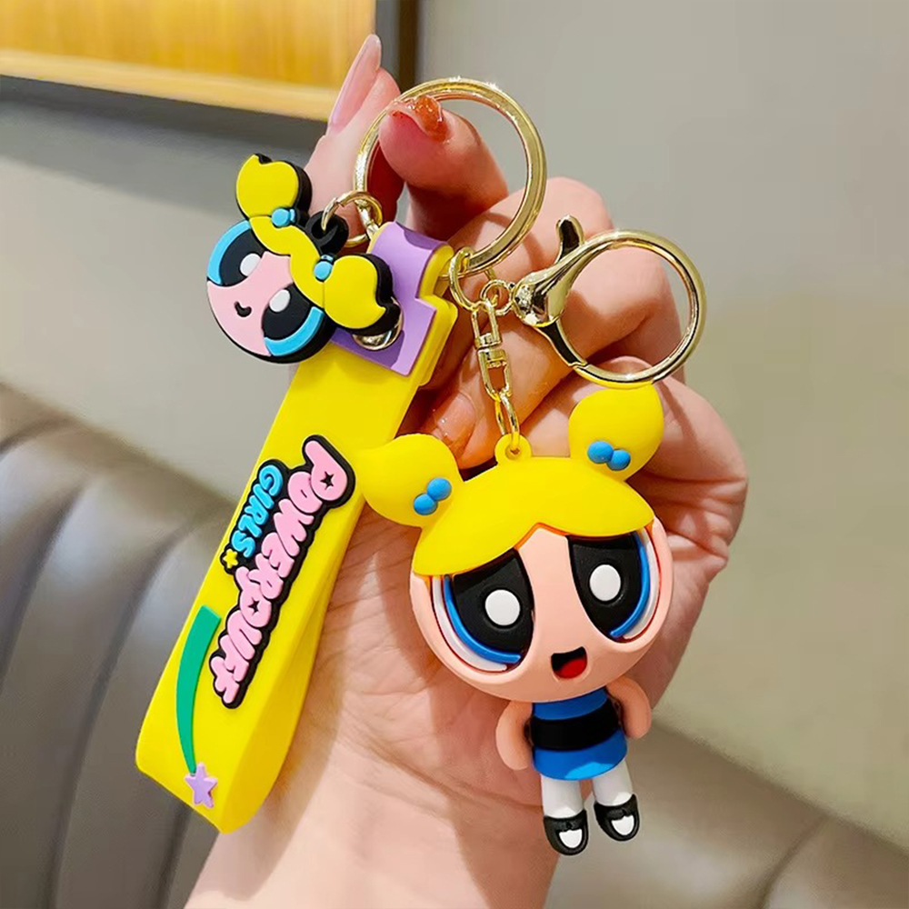 Picture of Powerpuff Girls Keychain Cute Doll Pendant Fashion Props Figure Keyring Blossom Bubbles Buttercup Action Figures Men Women Bag Pendant