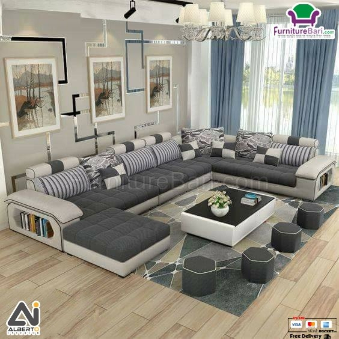 Modern U Shaped Fabrics Leather Sofa Bed 