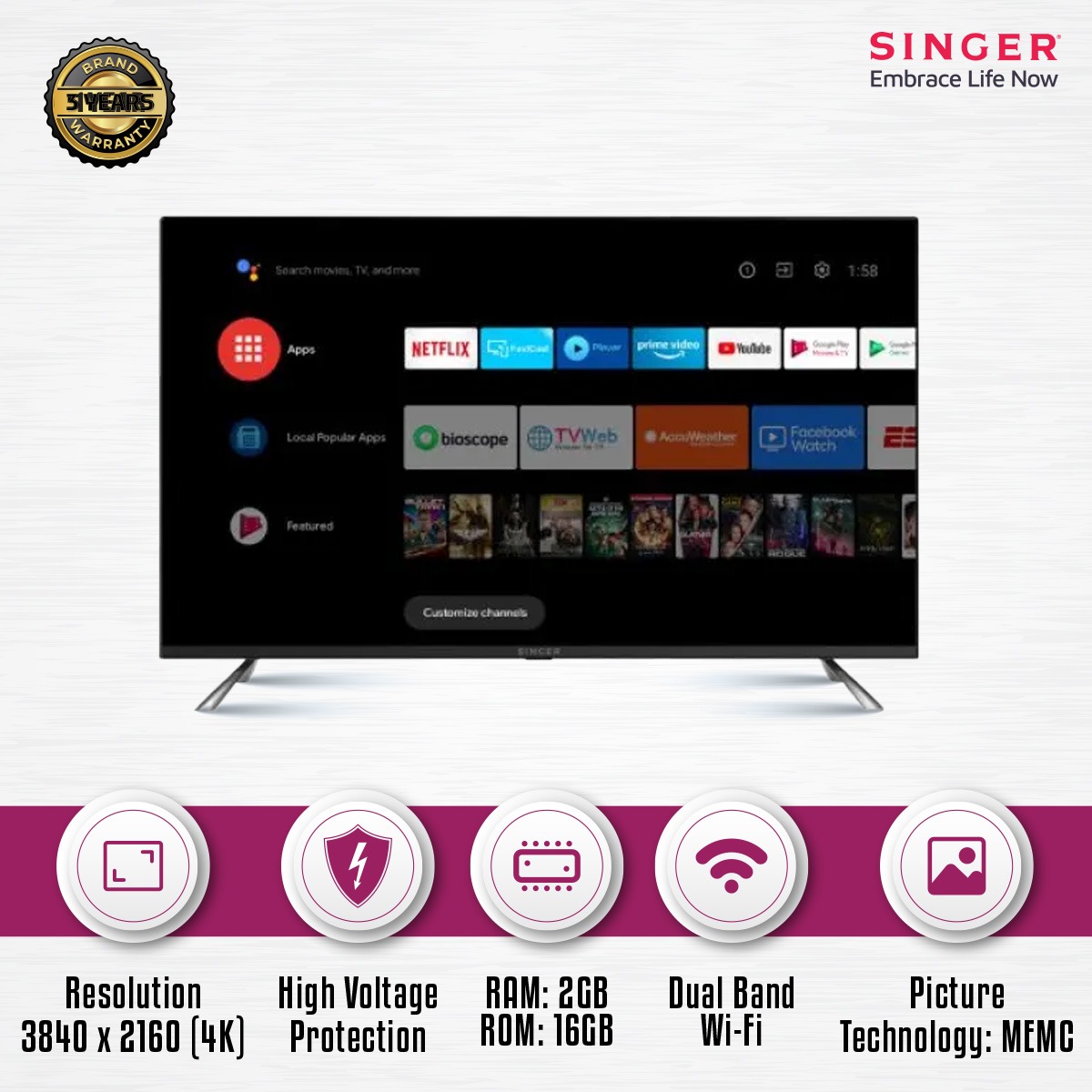 Picture of Singer 43" Primax 4K Android TV (SLE43U5000GOTV)