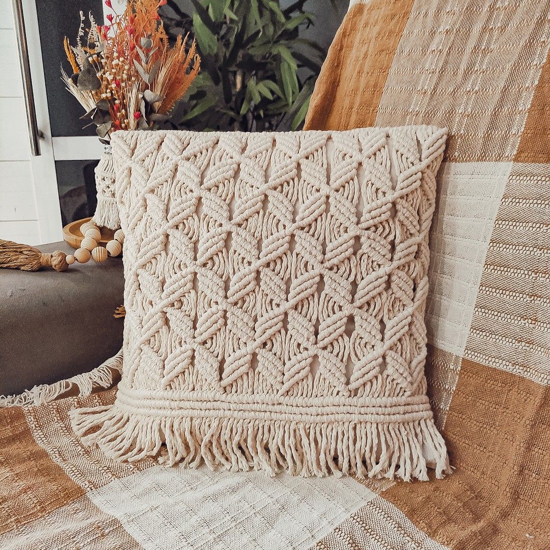 Handmade macrame cushion cover in off white, 16x16 inch, luxury bohemian design with cotton back, perfect for sofa, bed, or decorative throw pillow