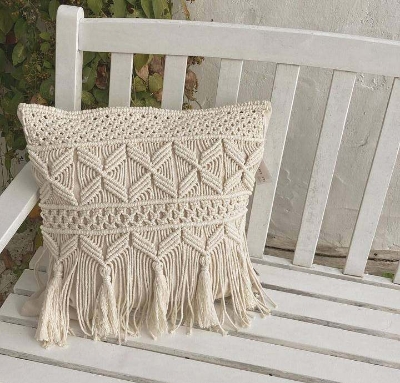 Handmade macrame cushion cover, 16x16 inch, premium cord with cotton back, off-white bohemian pillow case for sofa, bed, or home décor