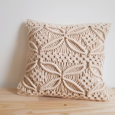 Handmade macrame cushion cover, 16x16 inch, premium cord with cotton back, off-white bohemian pillow case for sofa, bed