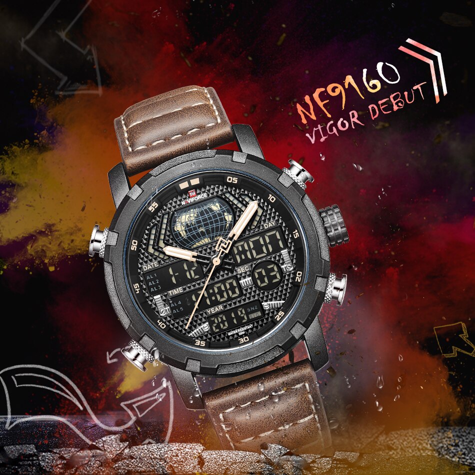 Picture of NAVIFORCE NF9160 Dark Brown PU Leather Dual Time Wrist Watch For Men - Black and Dark Brown