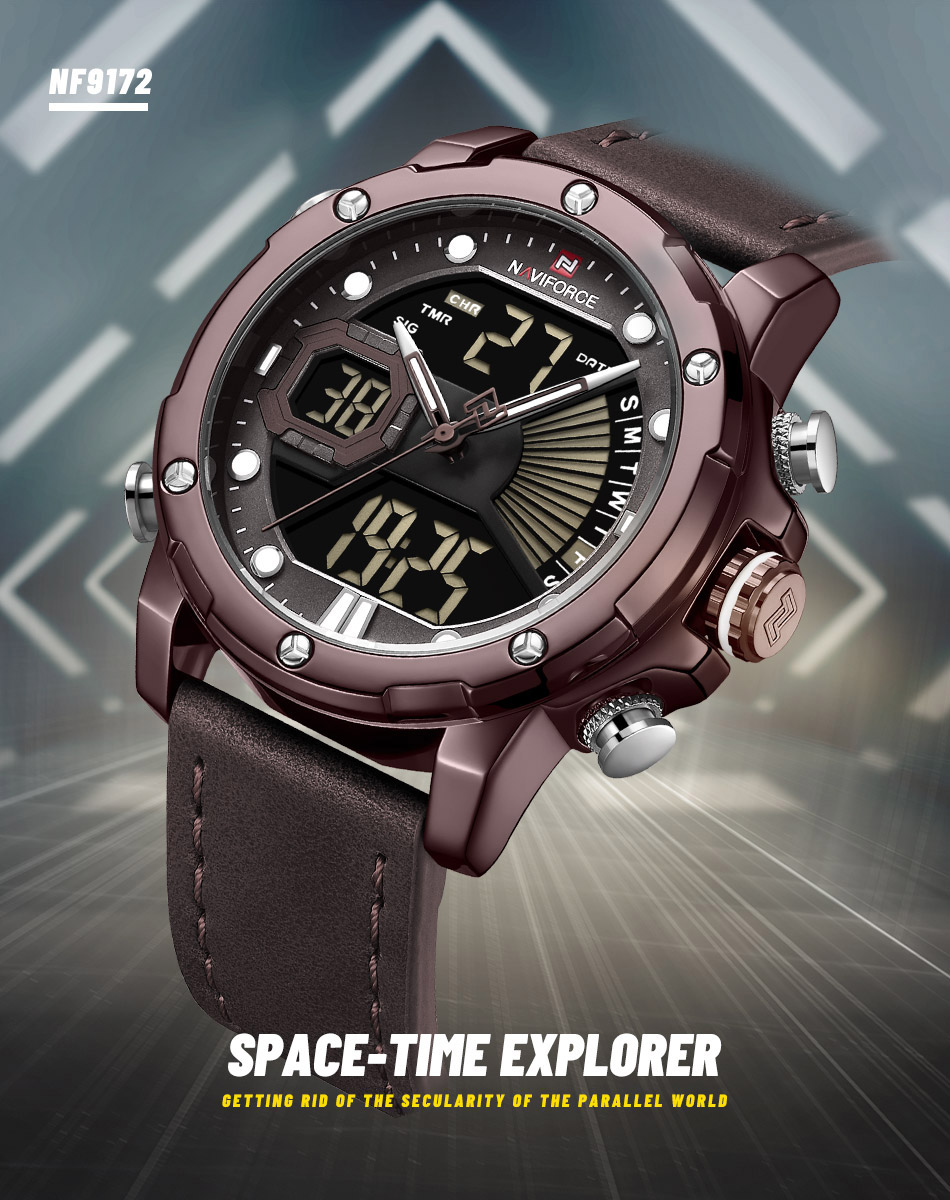 Picture of NAVIFORCE NF9172 Chocolate PU Leather Dual Time Wrist Watch For Men - Bronze and Chocolate