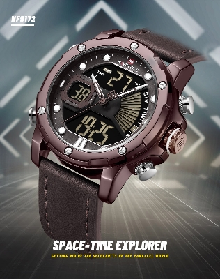 Picture of NAVIFORCE NF9172 Chocolate PU Leather Dual Time Wrist Watch For Men - Bronze and Chocolate