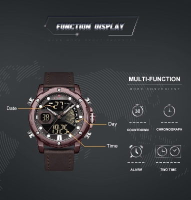 Picture of NAVIFORCE NF9172 Chocolate PU Leather Dual Time Wrist Watch For Men - Bronze and Chocolate