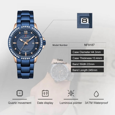 Picture of NAVIFORCE NF9187 Royal Blue Stainless Steel Analog Watch For Men - RoseGold & Royal Blue