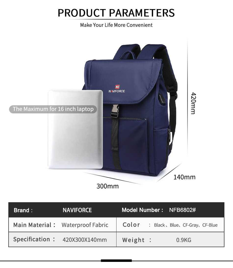 Picture of NAVIFORCE NFB6802 Blue Waterproof Mens Backpack with Separate Laptop Compartment Sport Business Bag - Blue