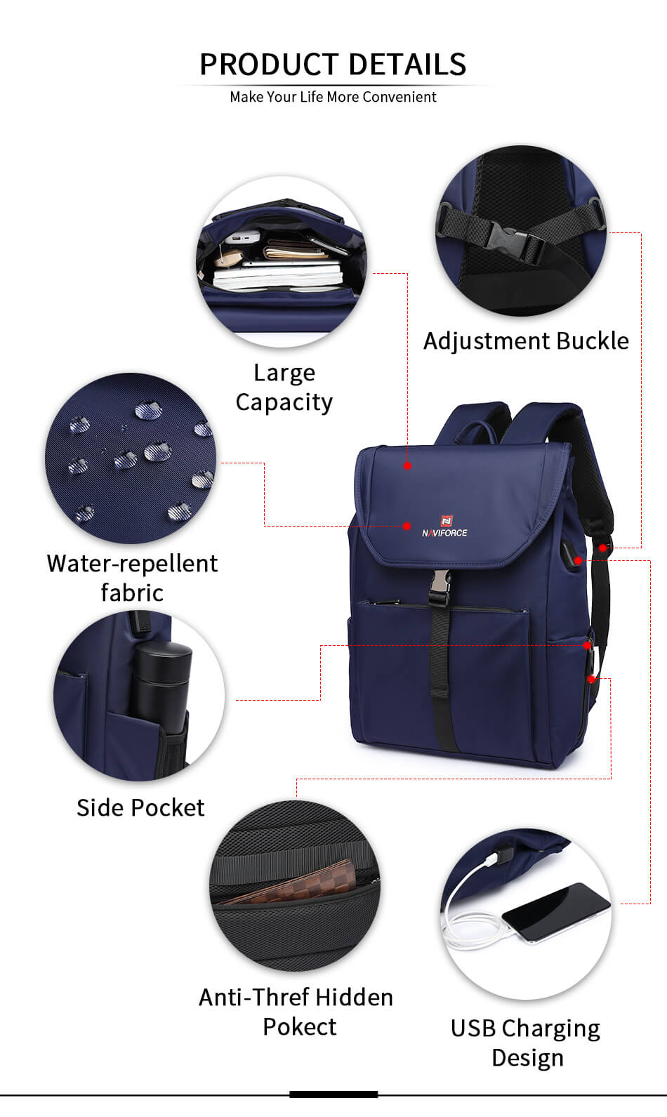 Picture of NAVIFORCE NFB6802 Blue Waterproof Mens Backpack with Separate Laptop Compartment Sport Business Bag - Blue