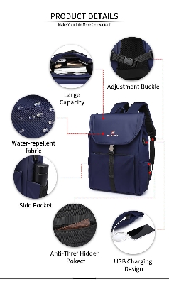 Picture of NAVIFORCE NFB6802 Blue Waterproof Mens Backpack with Separate Laptop Compartment Sport Business Bag - Blue