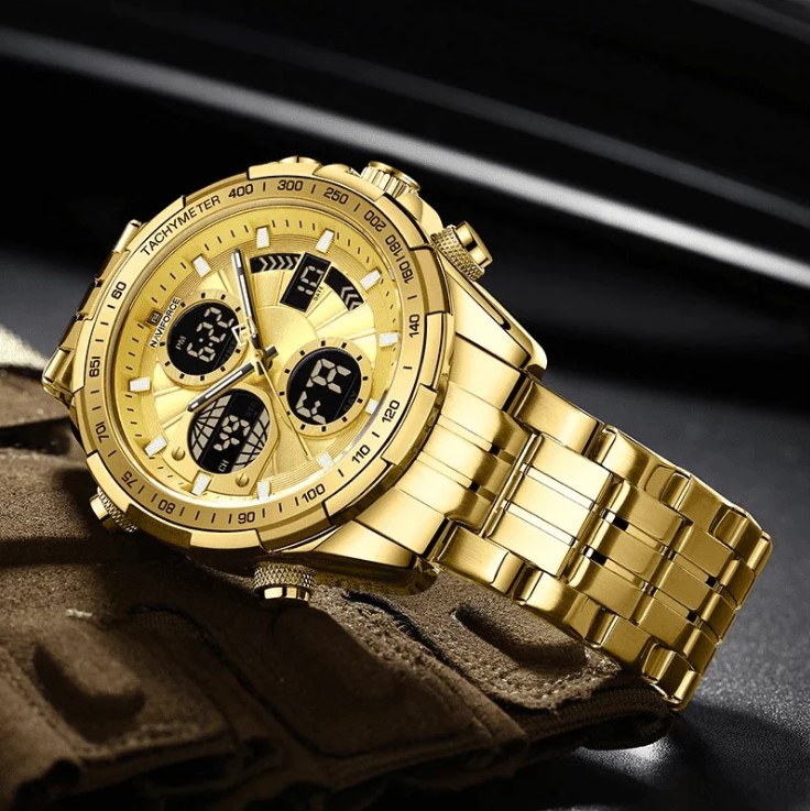 Picture of NAVIFORCE NF9197M Golden Stainless Steel Dual Time Watch For Men - Golden