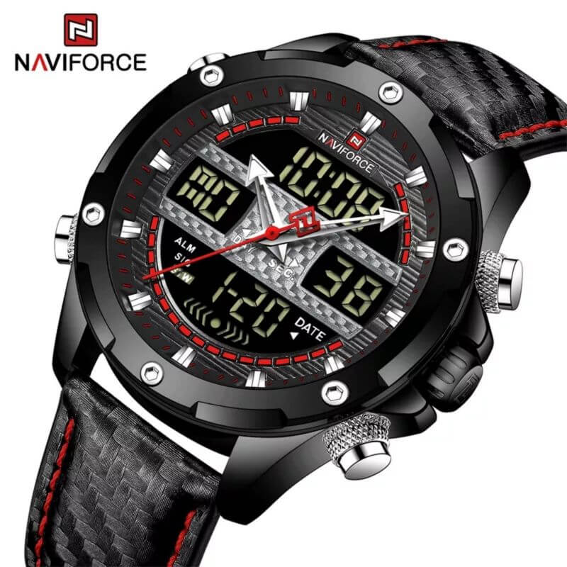 Picture of NAVIFORCE NF9194 Black PU Leather Dual Time Watch For Men - Black & Red