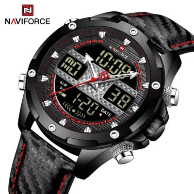 Picture of NAVIFORCE NF9194 Black PU Leather Dual Time Watch For Men - Black & Red