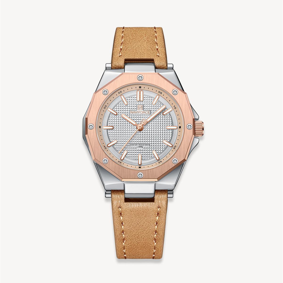 Picture of NAVIFORCE NF5026L Brown PU Leather Analog Watch For Women - RoseGold & Brown