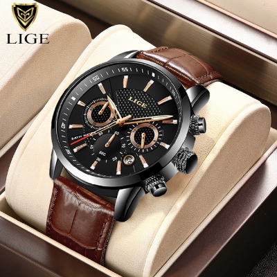 Picture of LIGE 9866 Chocolate PU Leather Chronograph Watch For Men - Black & Chocolate