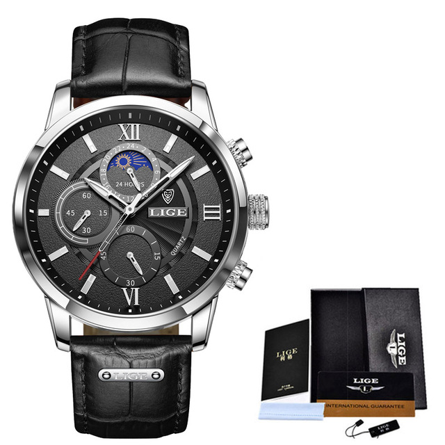 Picture of LIGE 8932 Black PU Leather Chronograph Watch For Men - Silver & Black