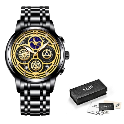 Picture of LIGE 8942 Black Stainless Steel Chronograph Watch For Men - Golden & Black