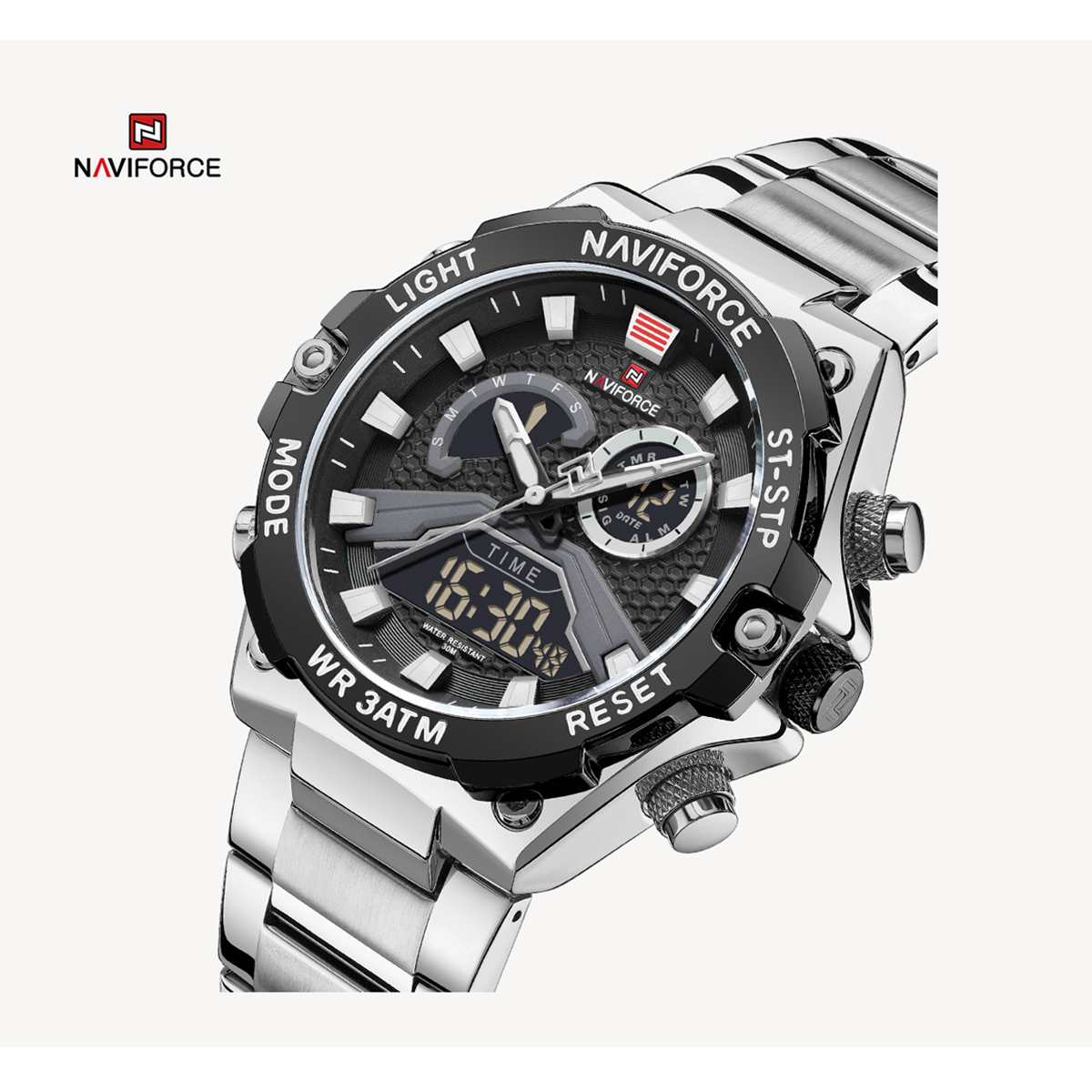 Picture of NAVIFORCE NF9207 Golden Stainless Steel Dual Time Watch For Men - Black & Silver