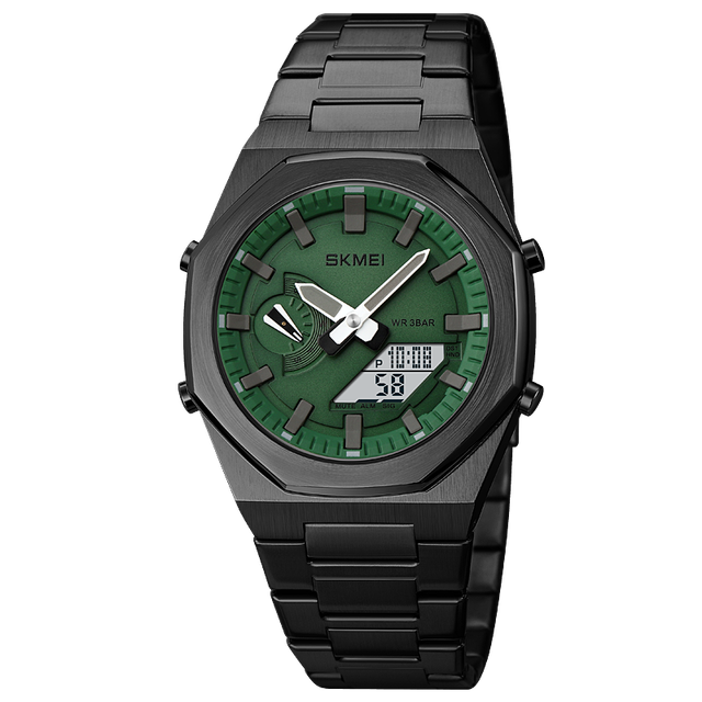 Picture of SKMEI 1816 Black Stainless Steel Dual Time Watch For Men - Green & Black (White)
