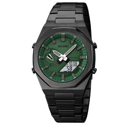 Picture of SKMEI 1816 Black Stainless Steel Dual Time Watch For Men - Green & Black (White)