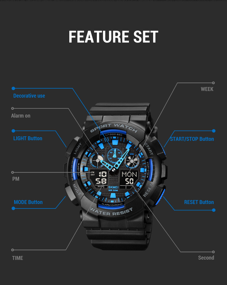 Picture of SKMEI 1832 Black PU Sports Dual Time LED Digital Chronograph Display Luminous Waterproof Watch For Men