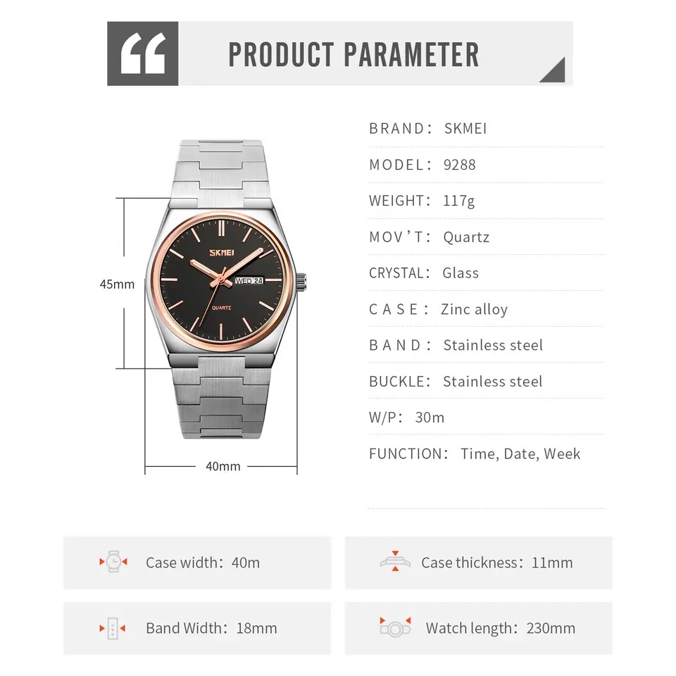 Picture of SKMEI 9288 Stainless Steel Classic Fashion Quartz Calendar Waterproof Business Watch For Men