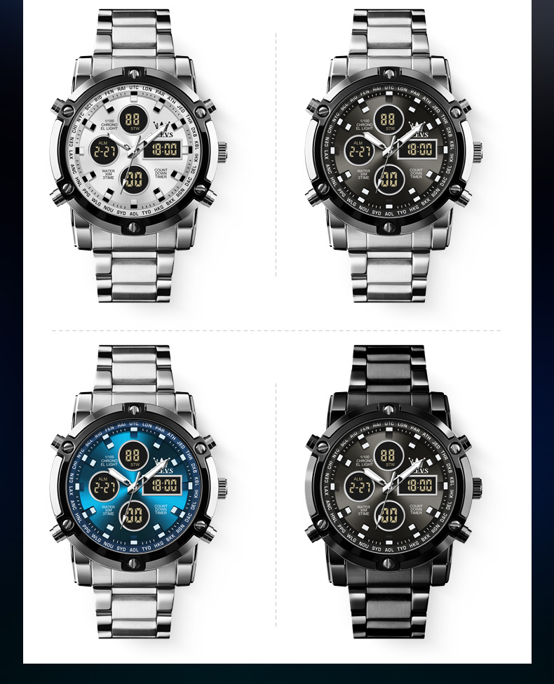 Picture of OLEVS 1106 Complication Luxury Stainless Steel Strap Men Wrist Watch Sport Digital Waterproof Watches for Men Luminous Alarm