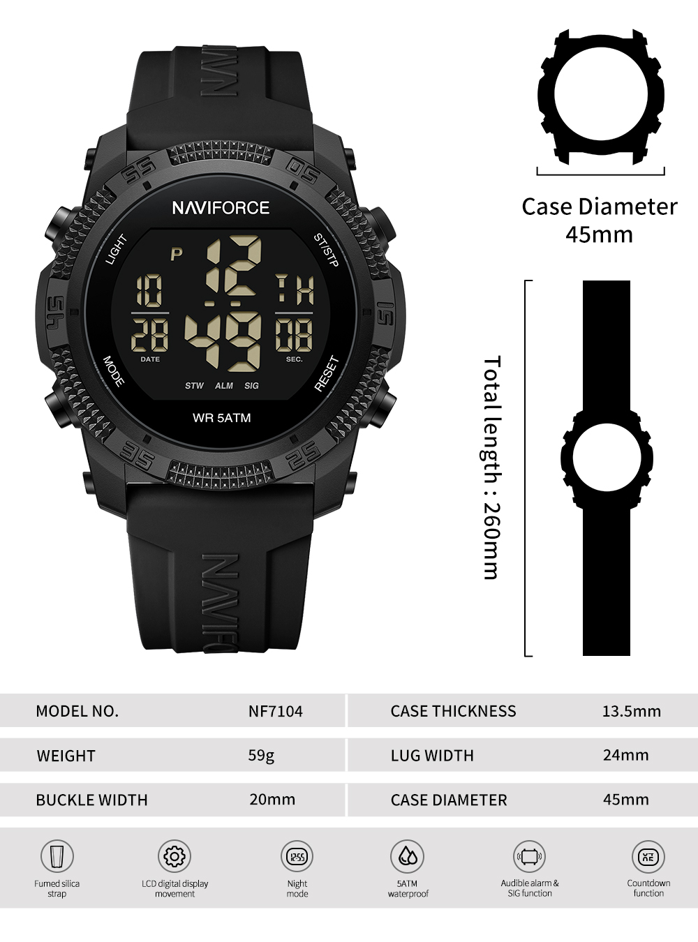 Picture of NAVIFORCE NF7104 Electronic Multi-function Trendy Waterproof Luminous Silicone Strap Birthday Gift Watch For Unisex