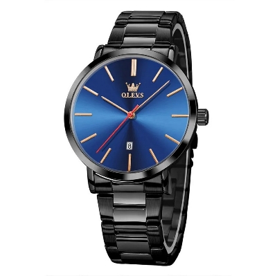 Picture of Olevs 701S Silver Stainless Steel Analog Wrist Watch For Men - Black & Royal Blue