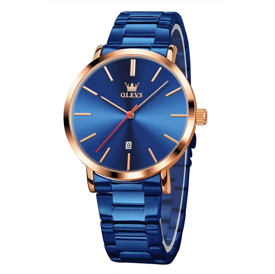 Picture of Olevs 701S Silver Stainless Steel Analog Wrist Watch For Men - Royal Blue & Rose Gold