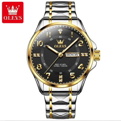 Picture of Olevs 2910G Silver & Golden Stainless Steel Analog Wrist Watch For Men - Black Silver & Golden