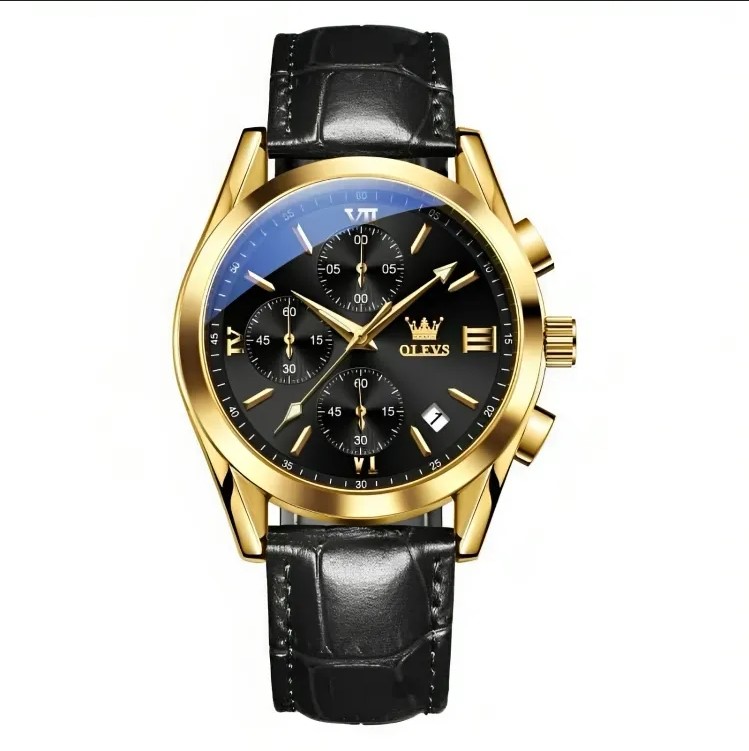 Picture of Olevs 2872L Black PU Leather Chronograph Wrist Watch For Men - Black & Golden