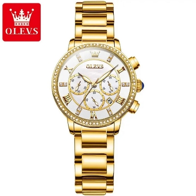 Picture of Olevs 9976L Golden Stainless Steel Chronograph Wrist Watch For Women - White & Golden
