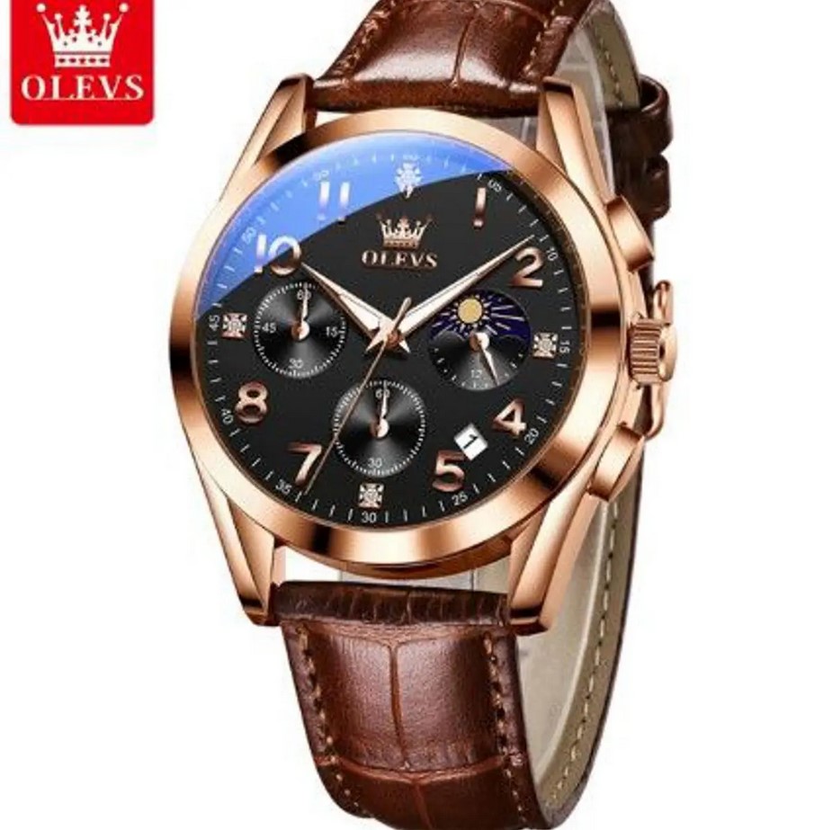 Picture of Olevs 2890L Brown PU Leather Chronograph Wrist Watch For Men - Black & RoseGold