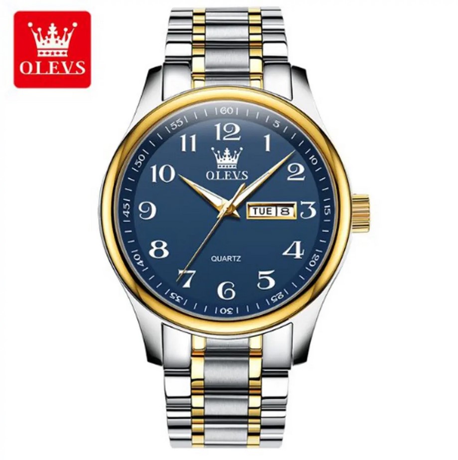 Picture of Olevs 5567S Silver & Golden Stainless Steel Analog Wrist Watch For Men - RoyalBlue Silver & Golden