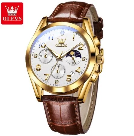 Picture of Olevs 2890L Brown PU Leather Chronograph Wrist Watch For Men - White & Golden