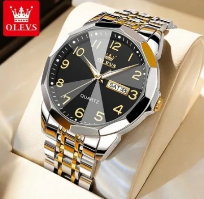 Picture of Olevs 9970G Silver & Golden Stainless Steel Analog Wrist Watch For Men - Black Silver & Golden