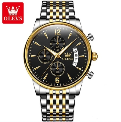 Picture of Olevs 2867S Silver & Golden Stainless Steel Chronograph Wrist Watch For Men - Black Silver & Golden