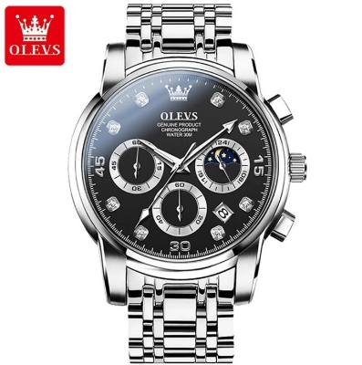 Picture of Olevs 2889S Silver Stainless Steel Chronograph Wrist Watch For Men - Black & Silver