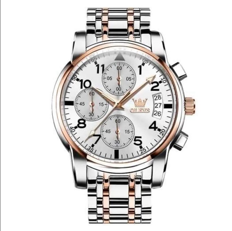 Picture of Olevs 2878S Silver & RoseGold Stainless Steel Chronograph Wrist Watch For Men - White Silver & RoseGold