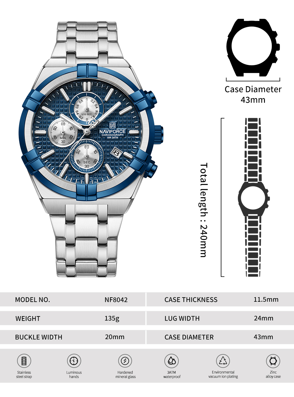 Picture of NAVIFORCE NF8042 Multi-function Chronograph Watch Fashion Waterproof Luxury Gift Luminous Men’s Watch