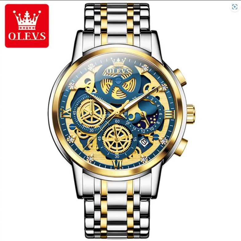Picture of Olevs 9947S Silver & Golden Stainless Steel Chronograph Wrist Watch For Men - RoyalBlue Silver & Golden