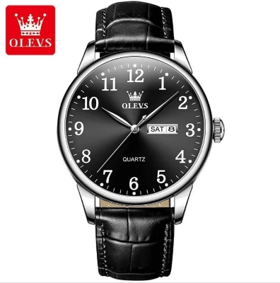 Picture of OLEVS 5535L Black PU Leather Analog Wrist Watch For Men - Silver & Black